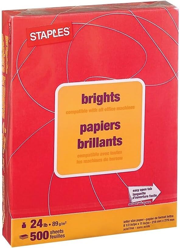 Staples Brights 24 Lb. Colored Paper Red 500/Ream, For Everyday Use at Home or Office