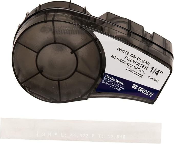Brady Authentic (M21-250-430-WT-CL) Harsh Environment Polyester Label for Lab, Asset Tracking and Datacom, White on Clear- For M210, M210-LAB, M211, BMP21-PLUS and BMP21-LAB Printers, 0.25" W 21' L