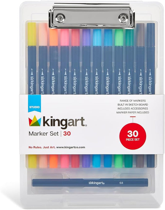 KINGART Studio Marker Set with Drawing Board Case, 30 Pcs, Twin-Tip Markers, Drawing Board with 16 Sheets