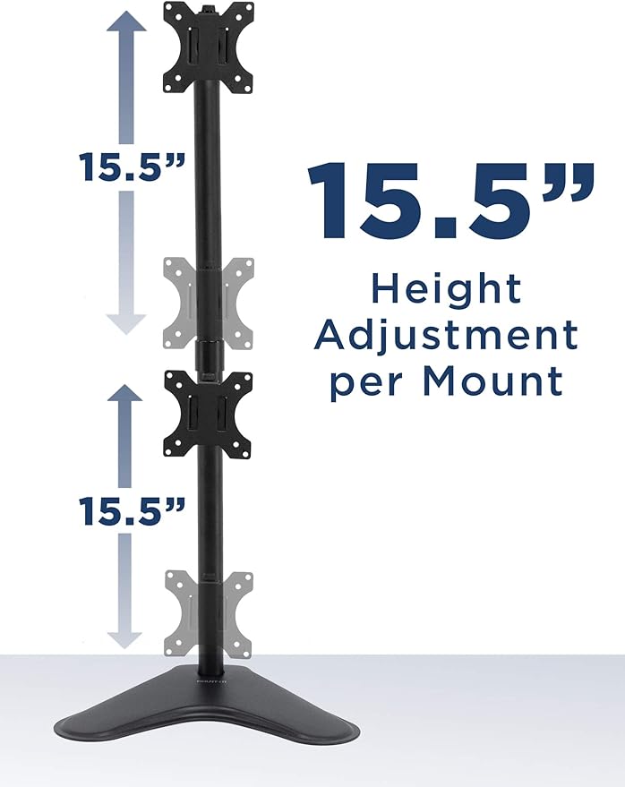 Mount-It! Vertical Dual Monitor Stand, Stacked Desk Mount Fits Two 13–32 Inch Screens up to 17.6 lbs Each, Height Adjustable Free Standing Pole with Tilt Swivel Rotate, Ergonomic VESA Riser, Black