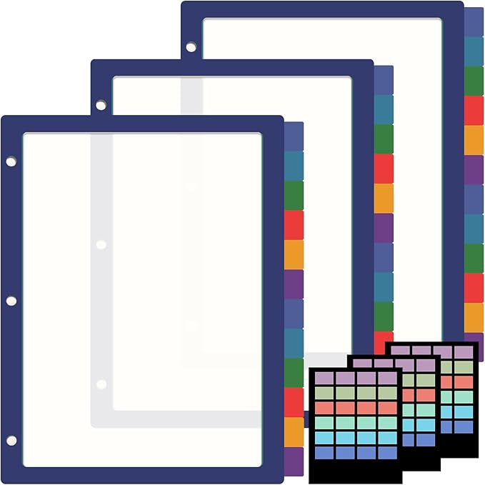 36 Pcs/3 Set 12 Tabs Binder Dividers with Colored Tabs, Clear Tab Notebook Divider Page Binder File Dividers, Letter Size
