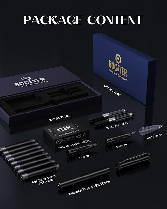 samurai Fountain Pen Set,Hand Polished Medium Nib,Calligraphy Nib(Bent Nib),Includes 8 Ink Cartridges,Ink Refill Converter*2 And Gift Box,Best Pen Gift Set for Men & Women（Black ）