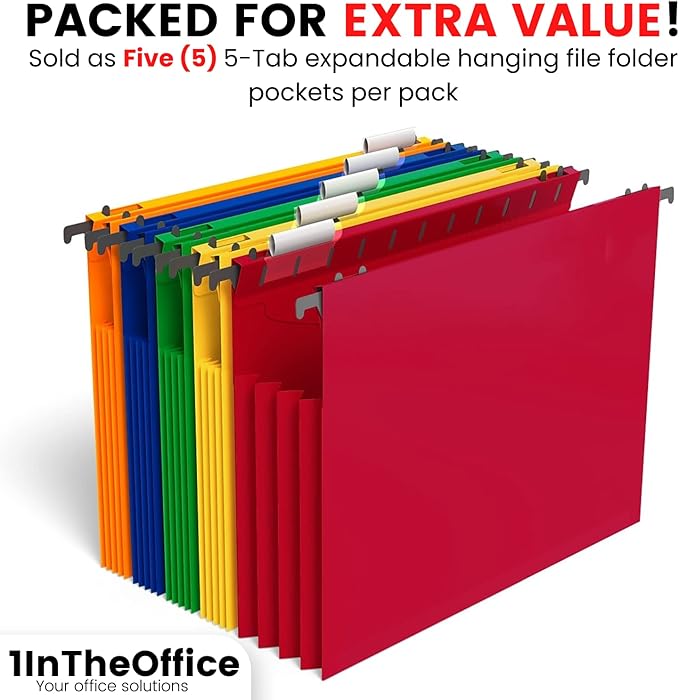 1InTheOffice Poly Expanding Hanging File Folders Letter Size, Hanging File Pocket, File Cabinet Dividers, Assorted,