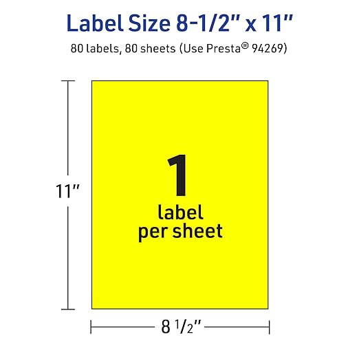 Avery Printable Sticker Paper, 8-1/2" x 11", Full-Sheet Labels, Neon Yellow Labels, Laser/Inkjet Printable, 80 Total, Great for Packaging and Stickers