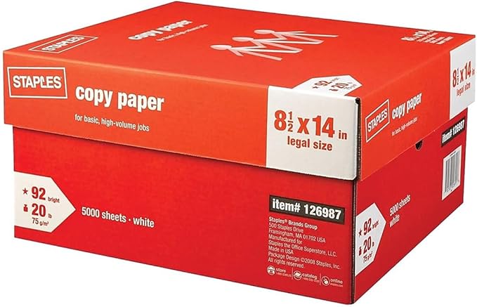 Staples 8.5-Inch x 14-Inch Copy Paper 20 lbs. 92 Brightness 500/Ream 10 Reams/Count