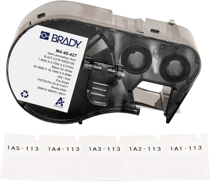 Brady Authentic (M4-48-427) Self-Laminating Vinyl Wrap Around Labels 1" H x 0.75" W Black on White, Clear, 200 Labels. for use with The BMP41, BMP51, and M511 Label Printers