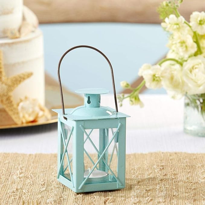 Kate Aspen Decorative Lanterns - Set of 6 - Luminous Metal Lantern Tealight Candle Holders for Wedding, Home Decor and Party - 4.5" H (6.5" H with Handle) – Blue