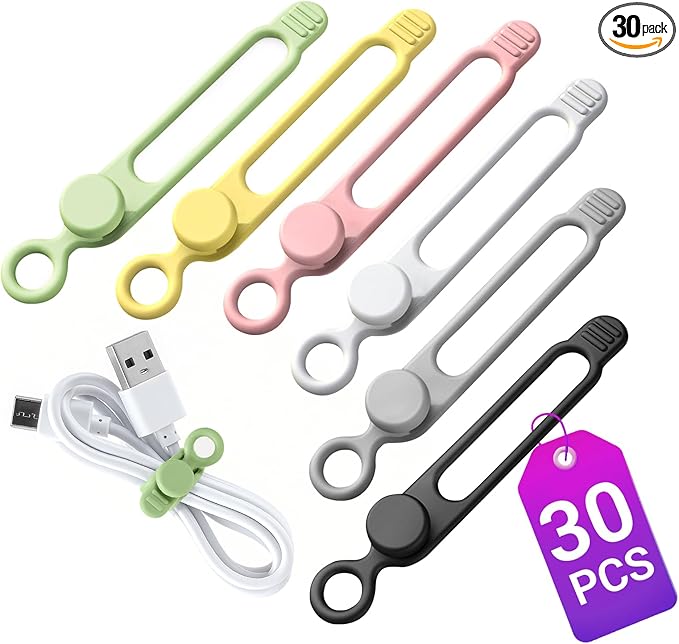 30 Pcs Silicone Cable Ties, Reusable Data Cable Organizer Wire Organizers for Office, Multipurpose Elastic Cord Wraps Cable Management for Charging Cord,Appliances,Home,Office,Kitchen,School,Travel