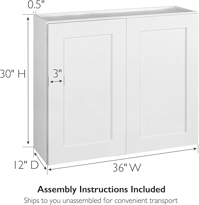 Design House Brookings Shaker Unassembled Wall Kitchen Cabinet W3630, 36 W x 12 D x 30 H, Painted White, Solid Wood, Design House, 561761