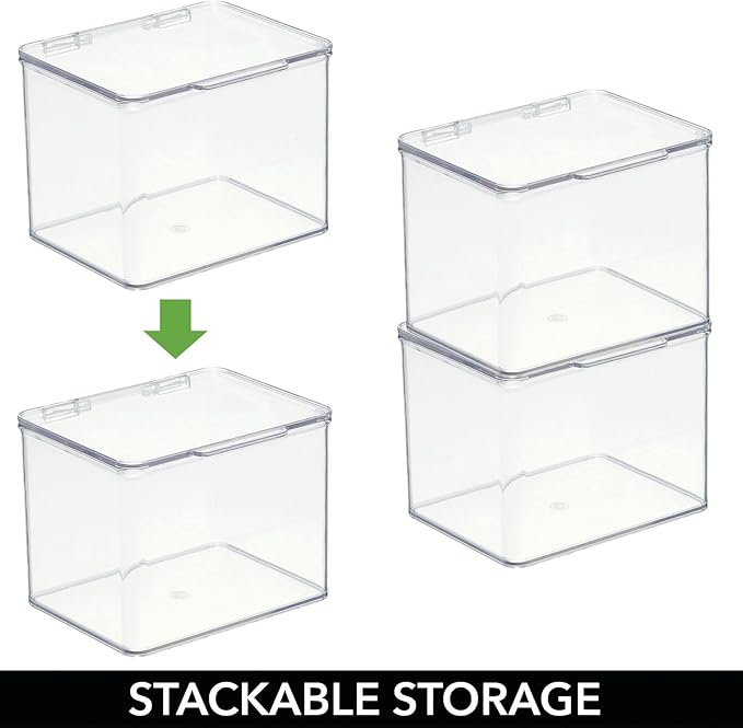 mDesign Small Plastic Home Office Storage Organizer Box Containers with Hinged Lid for Desktops - Holds Pens, Pencils, Sticky Notes, Highlighters, Staples, and Supplies - Clear
