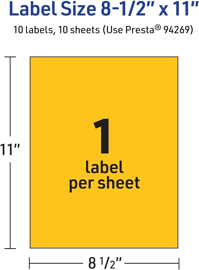 Avery Printable Sticker Paper, 8-1/2" x 11", Full-Sheet Labels, Bright Yellow Labels, Laser/Inkjet Printable, 10 Total, Great for Packaging and Stickers