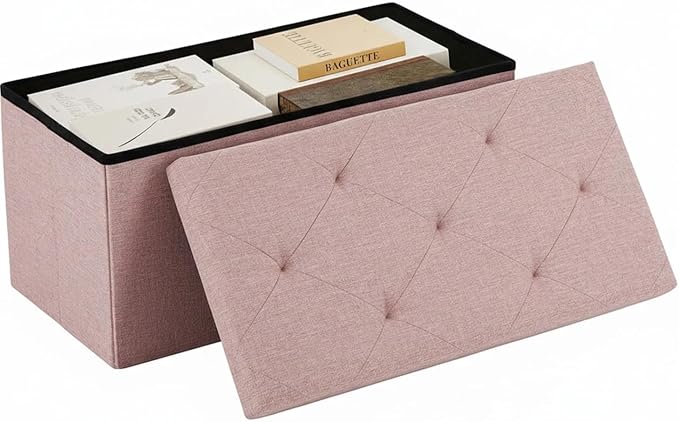 43 Inches Folding Storage Ottoman Bench, Ottoman Foot Rest, Storage Chest, End of Bed Foot Rest Stool with Padded Seat for Living Room, Bedroom, Entryway, Support 660lbs, Linen, Pink