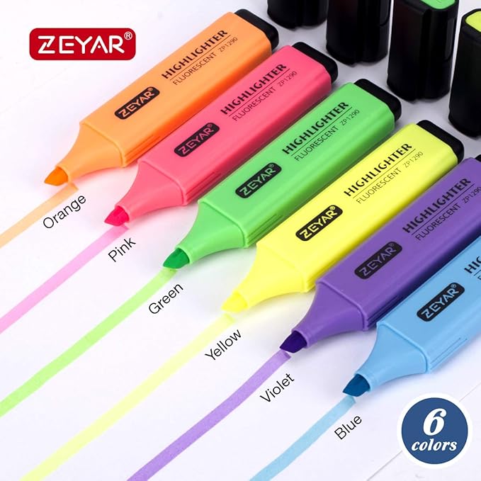 ZEYAR Highlighter, Chisel Tip Marker Pen, AP Certified, Assorted Colors, Water Based, Quick Dry (6 Candy Colors)