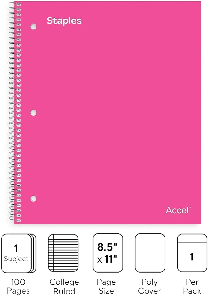 STAPLES Durable Poly Cover 1‑Subject Notebook, 8.5” x 11”, College Ruled, Pink