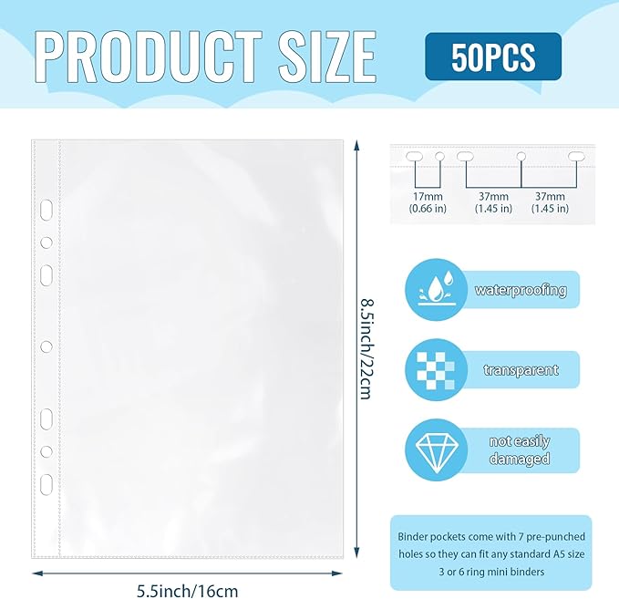50 Pack 5.5x8.5 Inch Sheet Protectors for 3 or 6 Ring A5 Binder, Half Letter Size 7 Holes Mini Heavy-Duty Sheet Protector Sleeves Crystal Clear Playbill Binder Pockets