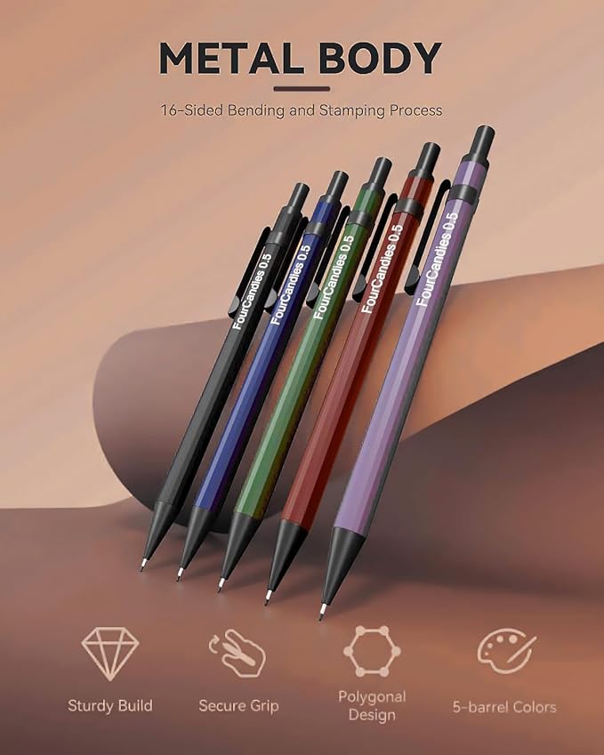 Four Candies Metal Mechanical Pencils 0.5, with #2 Pencil Leads 0.5mm, Eraser Set and Eraser Refills, 19-Count Pack with Case, Back to School Supplies for Writing, Drafting, Drawing (Pack of 2)