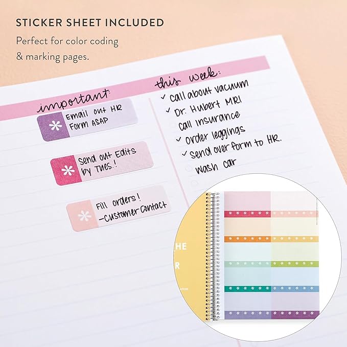 Erin Condren 7" X 9" Spiral Bound Productivity Notebook - Watercolor Blooms, Functional 160 Lined Page and 80Lb Thick Paper Spiral Notebook, Stickers Included