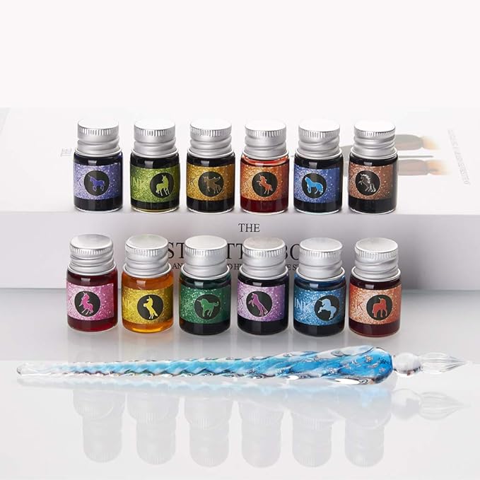 mancola Glass Dipped Pen Ink Set Handmade Crystal Calligraphy Pen with 12 Colorful india ink for Art, Signatures, Drawing, Decoration, Calligraphy Kits for Beginners Ma-13