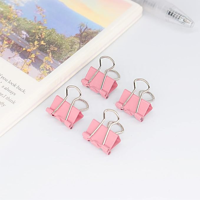 Pink Binder Clips, Mini Paper Clip, Small Paper Clamps 15mm (5/8 inch), 100 Pack Micro Size Office Clips for Home School and Business (Pink)