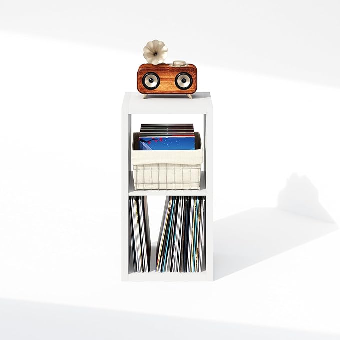 Furinno Cubicle Record Player Stand with Vinyl Storage, 2-Cube 1.2 Extra Thick Vinyl Record Storage, Open Back Media Shelf for CD DVD Blueray Game Disc, for Living Room, Home Office, White