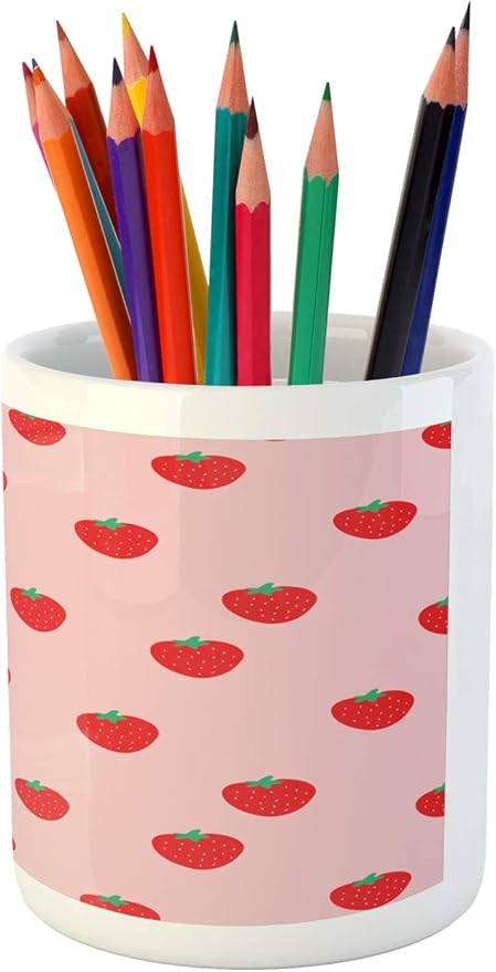 Ambesonne Strawberry Pencil Pen Holder, Continuous Cartoon Style Simplistic Summer Time Strawberries Art, Ceramic Pencil Holder for Desk Office Accessory, 3.6" X 3.2", Rose Dark Pink and Green