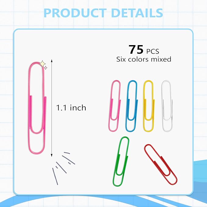 Paper Clips, 75PCS Paper Clips Small Sizes 2.1 Inchs 28mm, Colored Paperclips Large Medium and Small, Binder Clips Paperclips Assorted Sizes Set for Home School Office Supplies