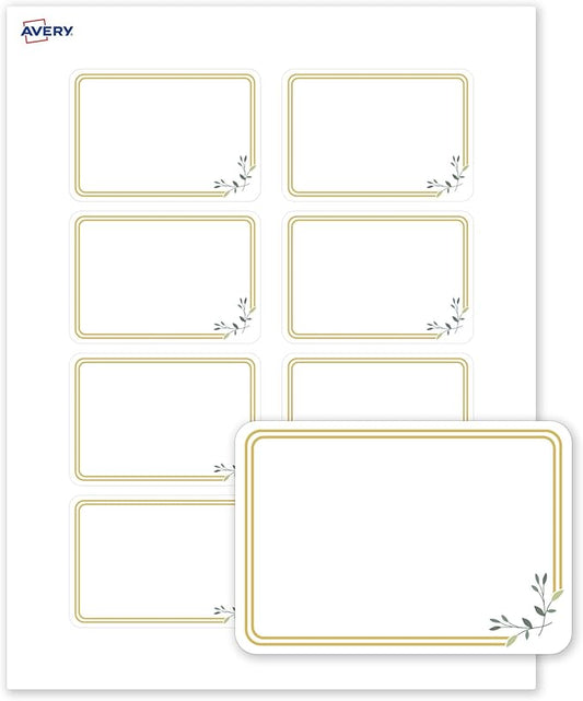 Avery Printable Rectangle Adhesive Name Tags, Double Gold Border Florals Design, 2-1/3" x 3-3/8", Matte White Removable Name Tags, Laser/Inkjet, 80 Total, Great for Name Badges