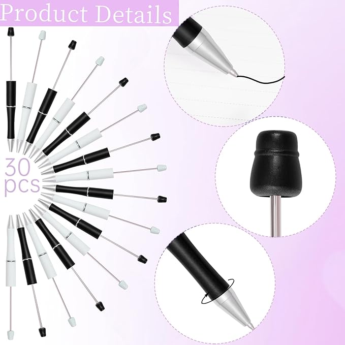 jiebor 30Pcs Beadable Pens Plastic Bead Ballpoint DIY Cute Cool Pens Black Ink for Women Men Bridal Graduation Gift Office Supplies Black White