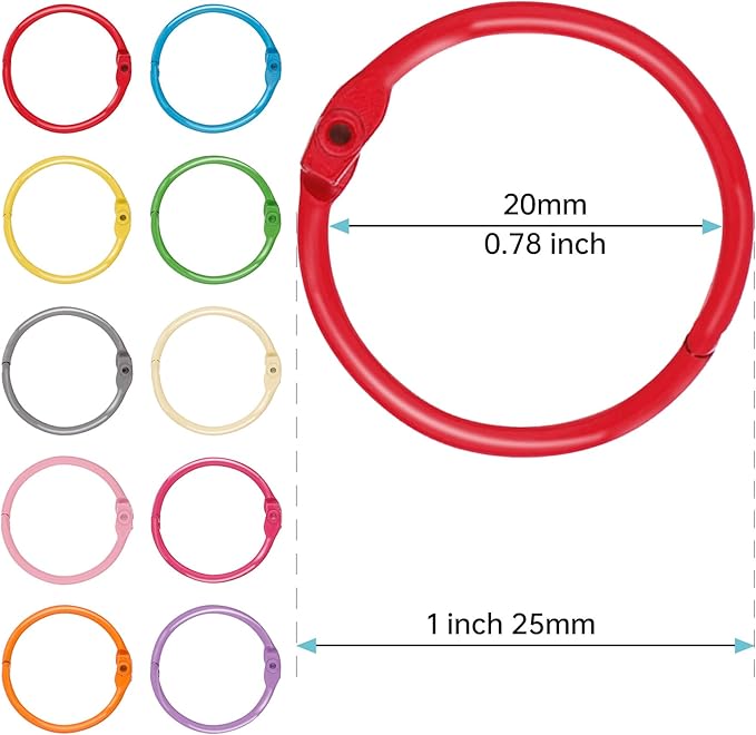 AKONEGE 1 Inch Colorful Loose Leaf Binder Rings (100 Pack) Small Metal Steel Book Rings for Index Cards Flashcards, Keychain Key Rings, 25mm Notebook Rings Paper Rings for Home Office School, 10Colors