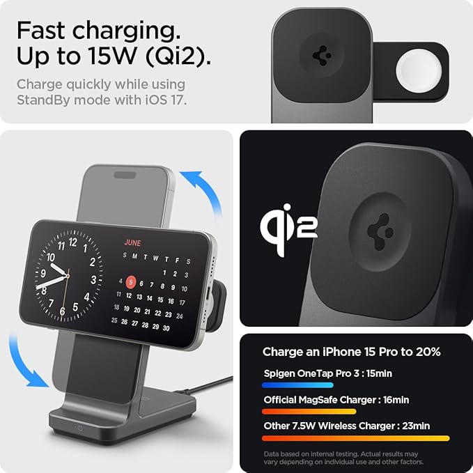 Spigen for 3 in 1 Charging Station, Qi2 MagSafe Charger Stand 15W Compatible with iPhone 17/16/15/14/13/12 Apple Watch Ultra 3/2/1 Apple Watch 11/10/9/8/7/6/5/4/3/2/1/SE AirPods Pro 3/2/1 AirPods 4/3