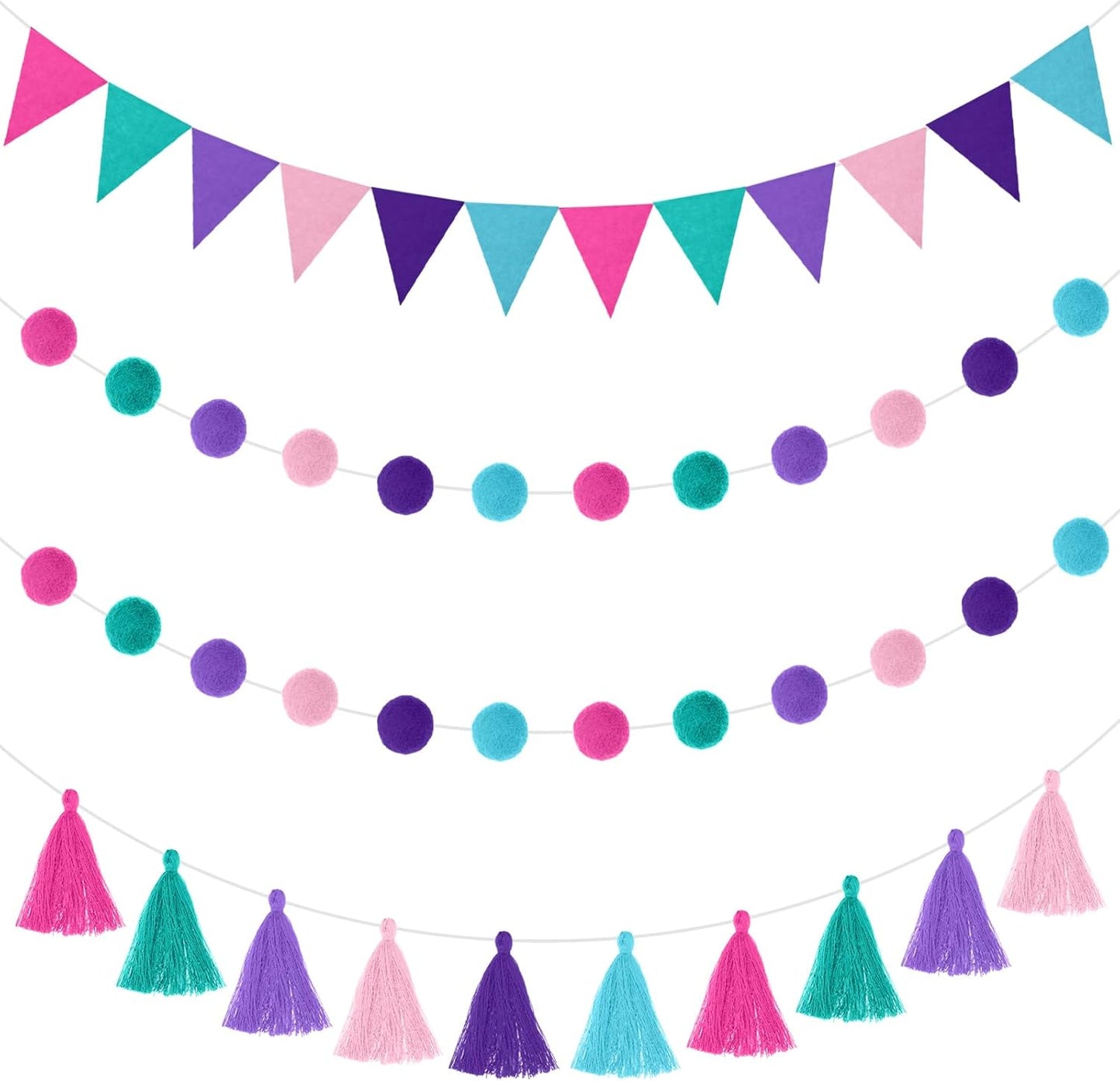 Irenare 9.8 ft Pom Pom Garland Felt Colorful Tassel Banner Christmas Party Pompoms Garland Decorations Felt Pennant Banner for Classroom Home Mantel Fireplace Birthday(Mermaid Colors)