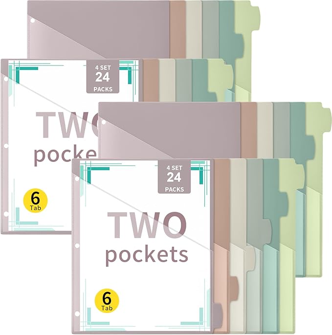 Epakh 24 Pcs Binder Dividers for 3 Rings Binders Index Dividers with Two Clear Pockets Plastics Sheets Protectors with Tab Labels for School Office Organization (Morandi)