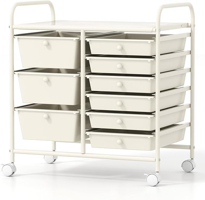 COSTWAY Rolling Storage Cart with 9 Drawer, Mobile Utility Cart with Metal Frame, Art Supply Craft Organizer, Multipurpose Storage Organizer for Paper, Office, School Teacher, Classroom, White