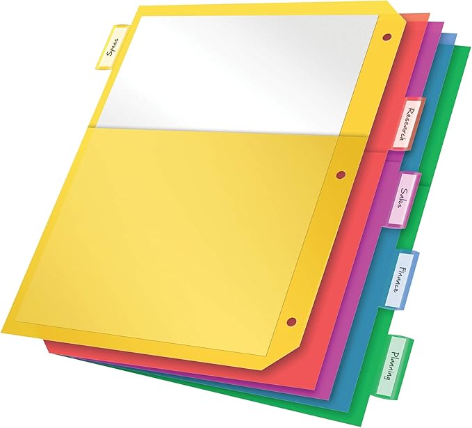 Oxford Plastic 2 Pocket Binder Dividers, 5 Tab 1/5 Cut, Multicolor Large Tab Set, Insertable Dividers with Paper Inserts, Letter Size, 3 Sets (89602) (Pack of 8)