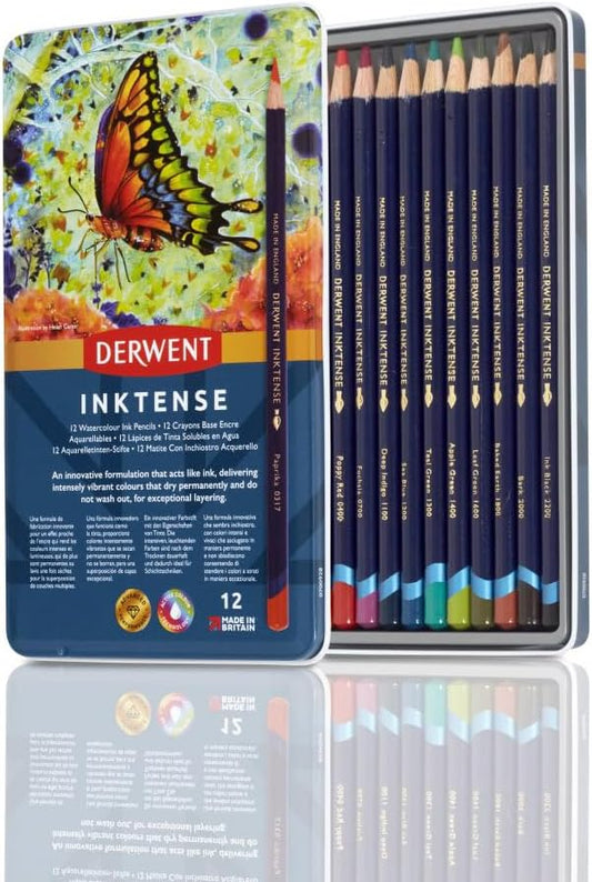 Derwent Drawing Pencils, Inktense, 4mm Core, Metal Tin, Watercolor, 12 Coun