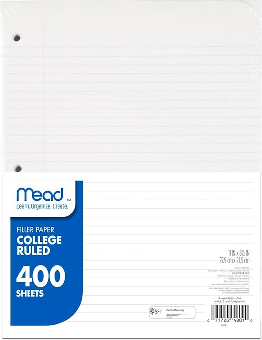 Mead Loose Leaf Paper, College Ruled Filler Notebook Paper, 8-1/2" x 11", 400 Sheets, Fits 3-Ring Binder (170046-ECM)