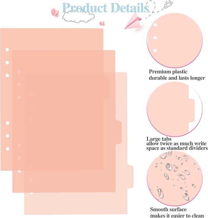 6 Ring Binder Dividers Insertable Tab Dividers, A5 Pink Plastic Binder Index Dividers Binder Divider Pages with Tabs 6 Pack
