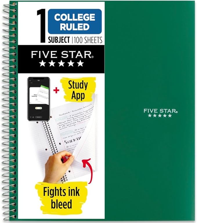 Five Star Spiral Notebook Plus Study App,1 Subject,College Ruled Paper,100 Sheets,8-1/2" x 11",Forest Green (72055),(Pack of 12)