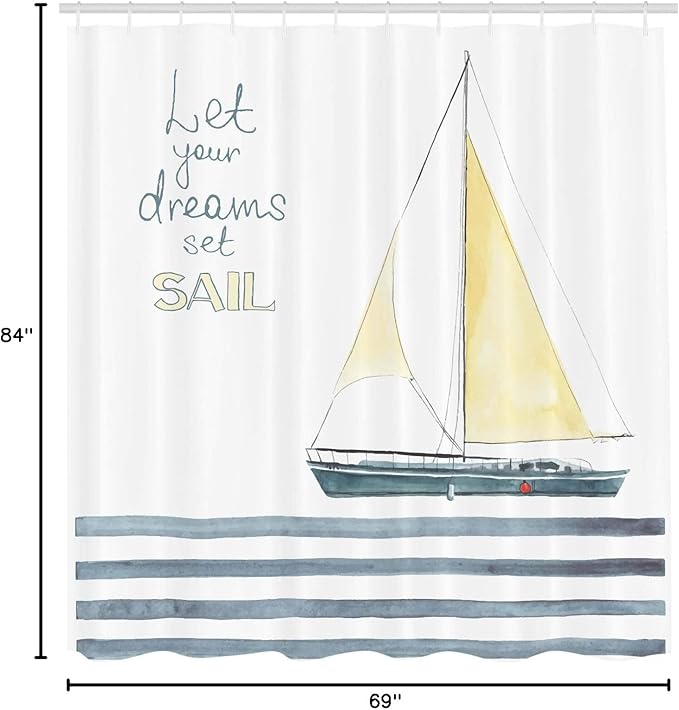 Ambesonne Nautical Shower Curtain, Let Your Dreams Set Sail Words Stripes Yacht Interior Navigation Theme, Cloth Fabric Bathroom Decor Set with Hooks, 69" W x 84" L, Pale Blue White