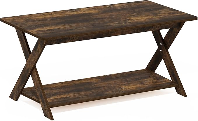 Furinno Modern Simplistic Coffee Table, 2-Tier Rectangle Modern Coffee Table with Open Shelf and X-Legs, Criss-Crossed Side Table, for Living Room, Bedroom, Home Office, Amber Pine