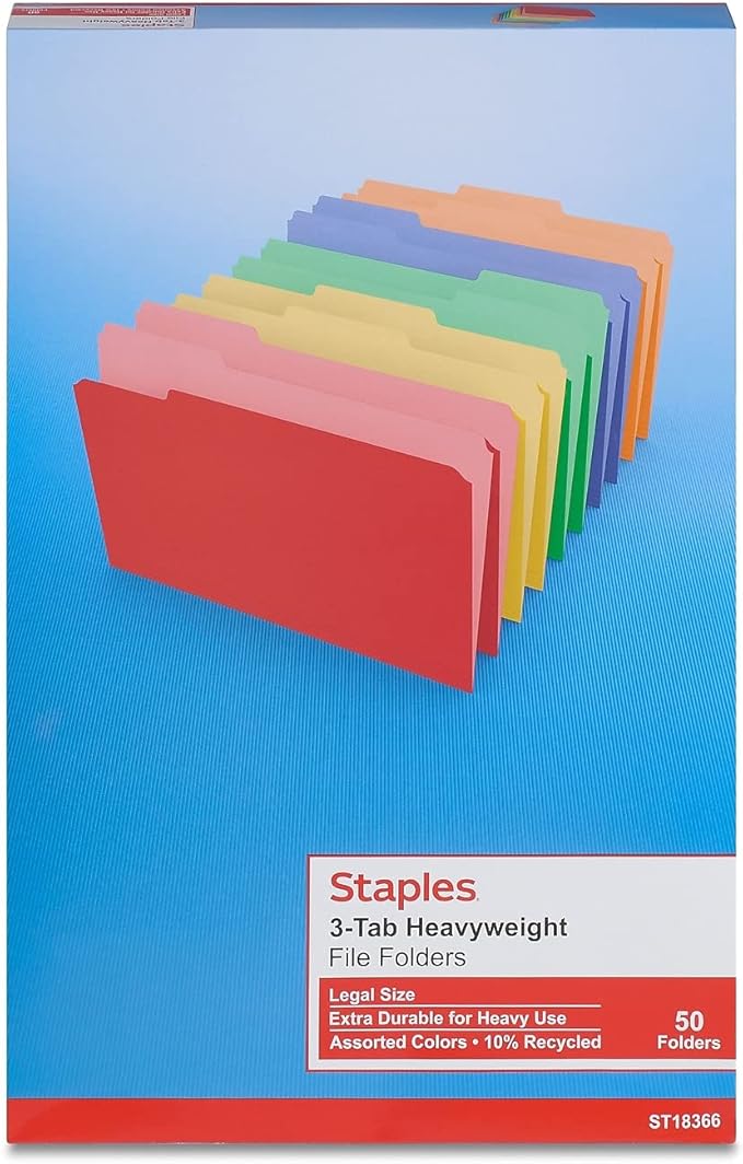 Staples Heavyweight Colored File Folders, 3 Tab, Legal, 50/Box
