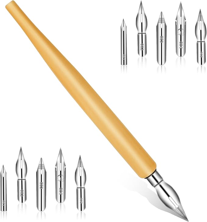 11PCS Comic Pen Nib Set, Oblique Calligraphy Dip Pen Set Fluid Writer Pen, Wooden Drawing Pen Holder with 10 Pieces Stainless Steel Pen Replacement Nibs Nib for Writing, Painting, Signing, Sketch
