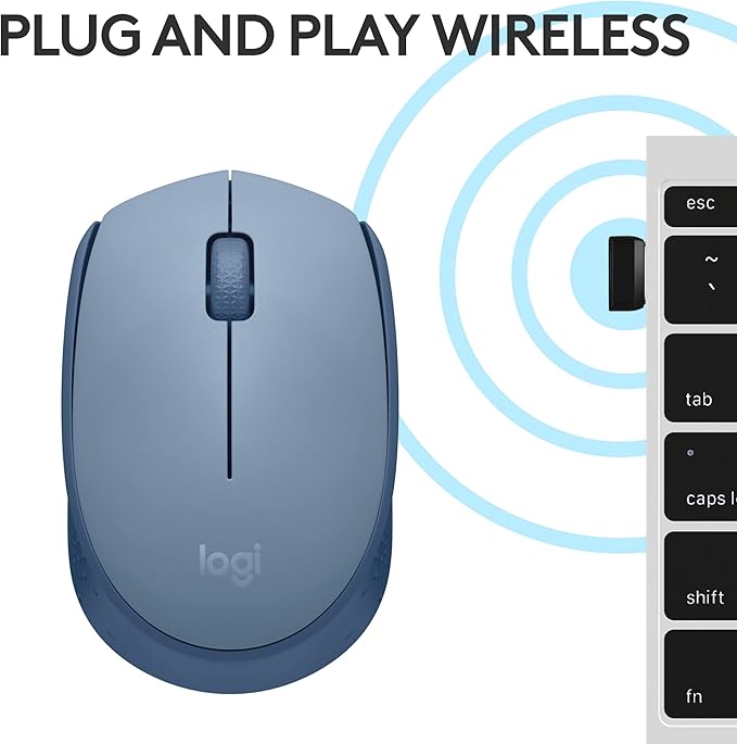 Logitech M170 Wireless Mouse for PC, Mac, Laptop, 2.4 GHz with USB Mini Receiver, Optical Tracking, 12-Months Battery Life, Ambidextrous - Blue Grey