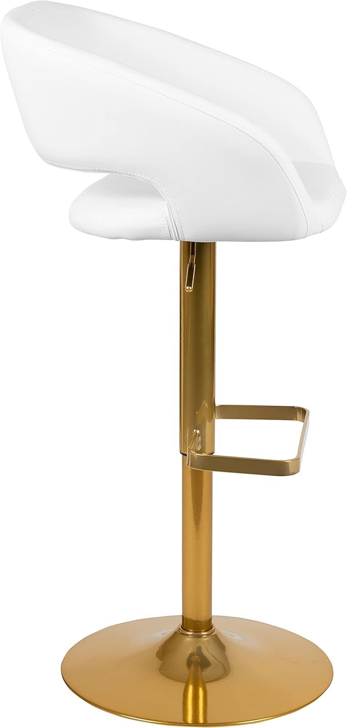 Flash Furniture Erik Comfortable & Stylish Contemporary Barstool with Rounded Mid-Back and Foot Rest, Adjustable Height - White Vinyl with Gold Base, Set of 2