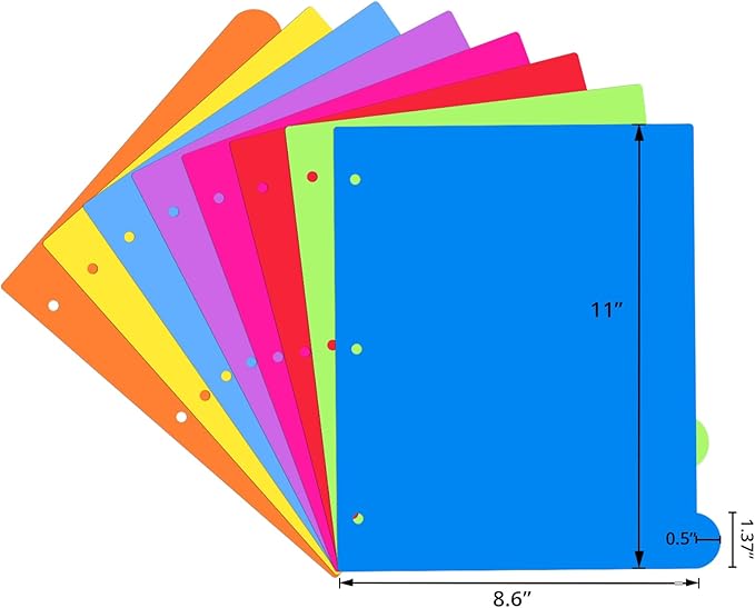 Dividers for 3 Ring Binder, 8 Tab Vibrant Colors 3 Sets 24 Pcs Plastic Binder Dividers with Tabs, 3 Hole Punched Tab Dividers Letter Size for School Office, Assorted Bright Rainbow Colors