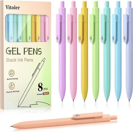 Gel Pens, 8pcs Black Ink Pens 0.5mm Smooth Writing Pens,Cute Color Pens for Journaling Desk Accessories Office School Supplies Gifts for Women Nurses
