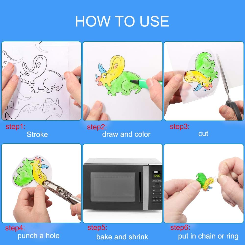 Natonhi Shrinky Dink Sheets Kit 145Pcs Shrink Art Kit Including 20pcs Shrinky Paper Sheets 6pcs Traceable Picture Keychains Accessories- Perfect for Shrink Paper Sheets Crafts Making