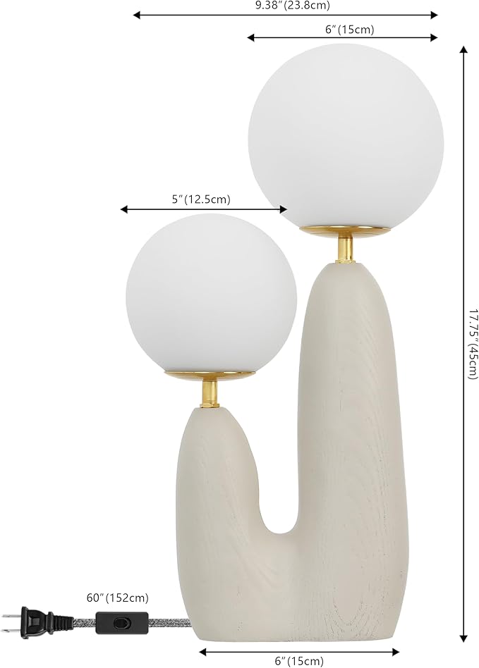 JONATHAN Y 17.75" Almond/Brass Gold Modern Bohemian Danish Cactus LED Table Lamp, 2-Light Mid-Century Minimalist Desk Light for Bedroom Living Room, Frosted Glass Globe Shades (JYL4065C)