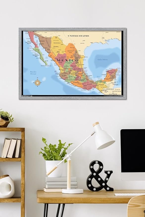 Map - Mexico Wall Poster, 34L" x 22.4W", Gray Framed Version