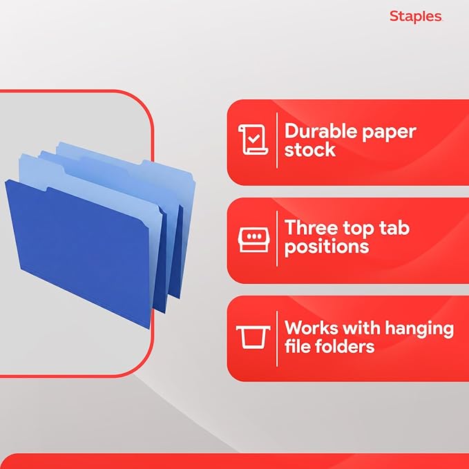 Staples File Folders, Letter Size, 1/3‑Cut Top Tabs, Blue, Durable 10.5‑Point Paper Stock, 100/Pack